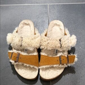 Birkenstock Shearling Sandals in Tan and Cream